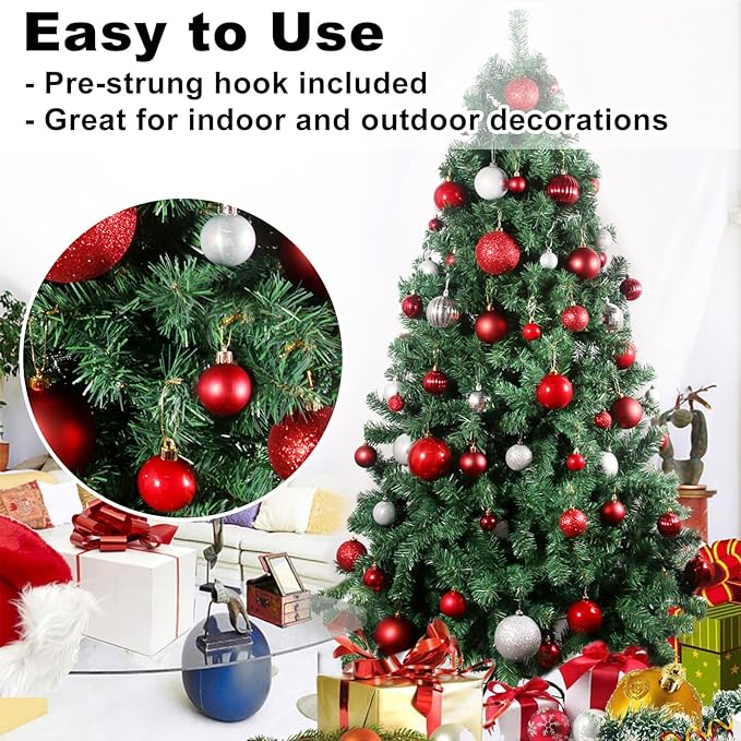 Silver & Red 1.6" Small Christmas Balls Christmas Tree Decoration Ornaments Shatterproof Hanging Balls for Birthday Halloween Holiday Wedding Decorations Set of 24pcs