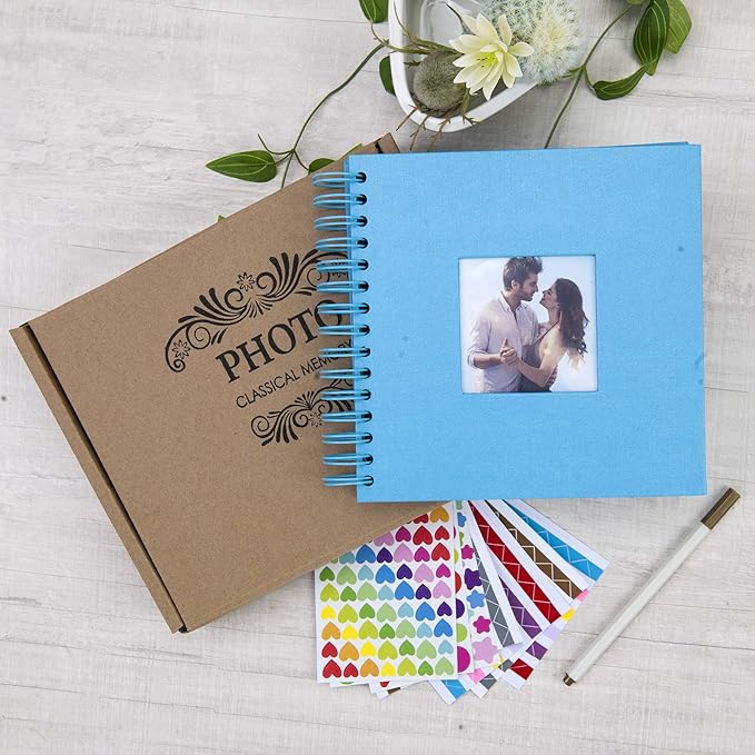 8 x 8 Inch Small DIY Scrapbook Photo Album with Window Design Cover 80 Pages Craft Paper Memory Book for Weeding Family Travel and Baby (Blue)