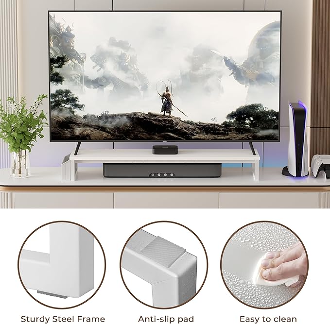 LAND·VOI Dual Monitor Stand Riser,41.5'' Long Monitor Stand for 2 Monitors, Wood and Steel Computer Monitor Stand, Desktop Oraganizer with Pen Holder, Monitor Riser for Desk Computer,Laptop,TV, White