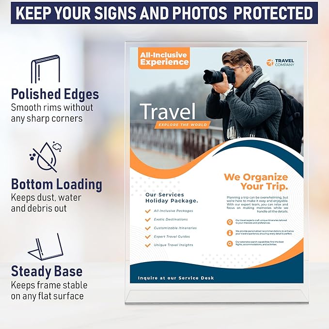 Dasher Products Slant Back Acrylic Sign Holder 5x7, 6-Pack Clear Frame Stand for Photos, Signs, Menus, Documents, Flyers, and More. Slanted Ad Display Stand for Tabletop Use