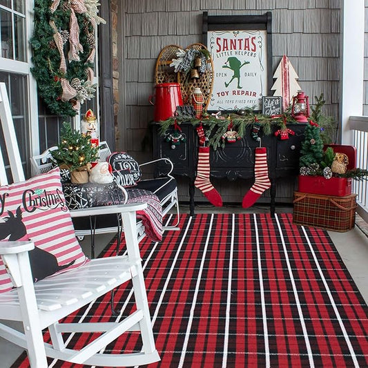 Buffalo Plaid Outdoor Rug 4' x 6' Christmas Door Mat Christmas Decor Welcome Rug Cotton Hand-Woven Layered Door Mats for Front Porch, Kitchen, Farmhouse, Entryway