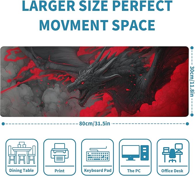 Huge Dragon Mouse Pad Desk Mat XL Extended Large Gaming Desk Pad Mousepad, Red and Black Computer Laptop Keyboard and Mouse Mat, Desktop Protector Mat for Office and Home 31.5x11.8 in