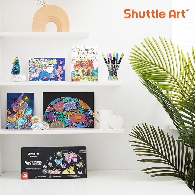 28 Metallic Colors Dual Tip Acrylic Paint Markers, Brush Tip and Dot Tip Acrylic Paint Pens for Rock Painting, Ceramic, Wood, Canvas, Plastic, Glass, Stone, Calligraphy, Card Making, DIY Crafts