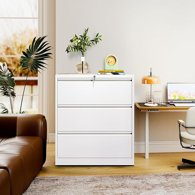 3-Drawer Lateral File Cabinet with Lock, Black Metal Filing Cabinet for Office or Home – Secure Storage for Letter/Legal/A4/F4 Documents, Easy to Assemble Locking File Organizer (White, 3 Drawer-40"H)