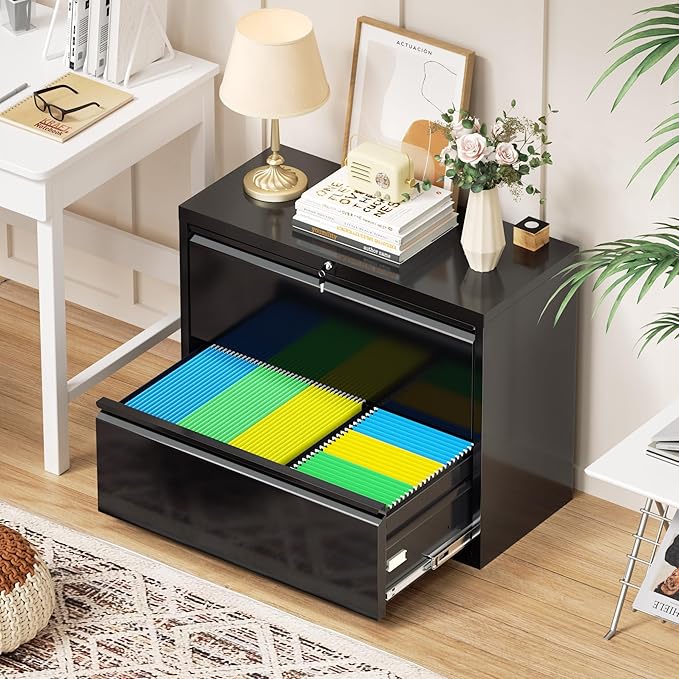 Superday Lateral File Cabinet 2 Drawer Metal File Cabinet with Lock, Black Filing Cabinets for Home Office, Locking Filing Cabinets Hanging Files Letter/Legal/F4/A4