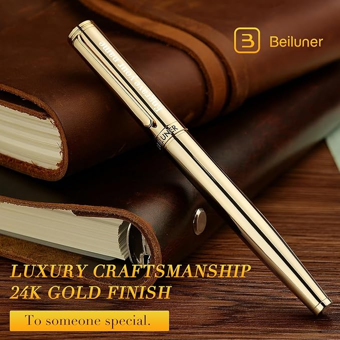 BEILUNER Luxury Personalized Gold Rollerball Pen, Stunning 24K Gold Finish, Noble and Elegant Designs,Schneider Refill, Fancy Gift Set for Men & Women, Executive Writing, Office, Nice Graduation Gift