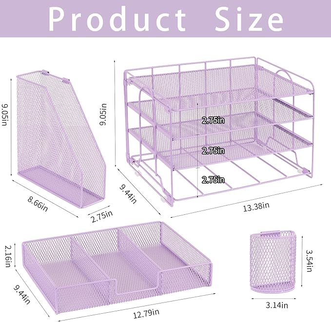 Desk Organizer and Accessories, 4-Tier Desktop File Organizer with Drawer and 2 Pen Holders, Office Desk Accessories for Office Supplies(Purple)