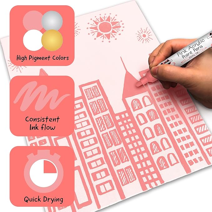 4 Dual Tip Pink Paint Pen Metallic - Fine Tip & Medium Acrylic Paint Markers - Pink Marker for Metal, Wood, Rock Painting, Canvas, Ceramic, Glass, Fabric, Leaf and Plastic - Water-based Ink