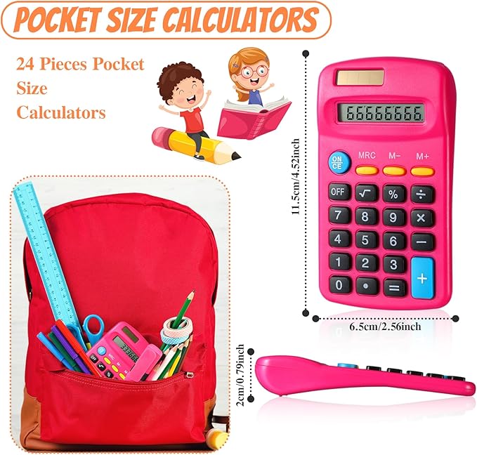 24 Pieces Basic Calculators for Students Small Pocket Size 8 Digit Display Mini Calculators Dual Powered Handheld for School Desktop Home(Rose Red)