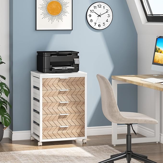 Tribesigns 5 Drawer Chest, Wood Storage Dresser Cabinet with Wheels, Industrial Storage Drawer Organizer Cart for Office Bedroom Entryway (Beige & White, 1 PC)