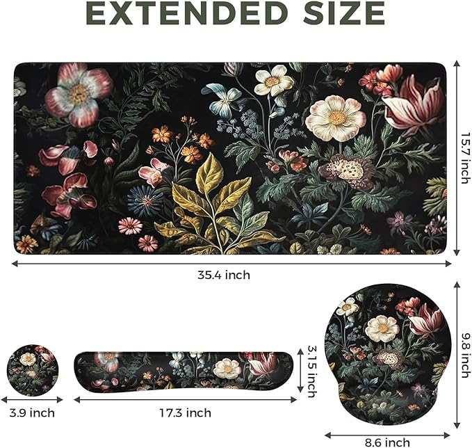 iCasso Desk Cover Mat, 4in1 Floral Large Mouse Pad with Wrist Rest, Desk Matt for Desktop, Anti-Slip XXL Big Computer Ergonomic Mousepad with Wrist Support for Keyboard and Mouse (Elegant Flowers)