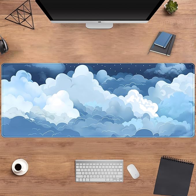 Desk Mat Blue and White Puffy Clouds Desk Pad Cute Gaming Mouse Pad XL Large Mousepad Anime Desk Matt for Desktop, Laptop Computer Keyboard Mouse Mat for Women Office Decor Accessories 31.5x11.8 in