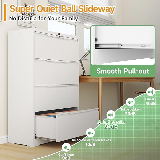 4 Drawer Lateral File Cabinets with Lock,Metal Filing Cabinet for Home Office,Wide Office Storage Cabinet with Hanging Bars for A4 Legal/Letter Size(White-Easy Assembly)