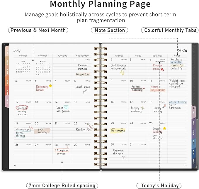 RETTACY 2026 Planner, Weekly and Monthly, Large Size (8.5" x 11"), Jan - Dec 2026, Agenda, Calendar, 12 Month Tabs, Flexible Plastic Cover, 100 GSM Thick Paper, Spiral-bound (Black)