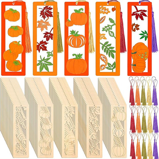 Yexiya 200 Pcs Fall DIY Wood Bookmarks Kit Unfinished Color Your Own Hollow with Tassel 100 Set Autumn School Art Craft Turkey Pumpkins Supplies for Students Classroom Thanksgiving Reward Fillers