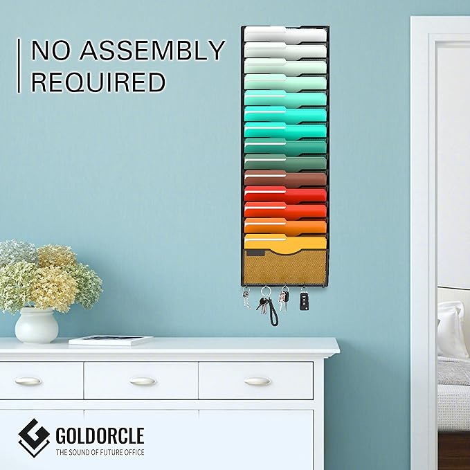 10-Tier Hanging Wall File Organizer Wall Mounted File Holder Document Wall Organizer for Office Organization and School Storage (No Assembly Required) (15 Tier Black)