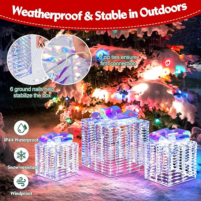 Tangkula Set of 3 Lighted Christmas Iridescent Box, 156 Cold White LED Lighted Present Boxes with Iridescent Bows, Ground Stakes, Light up Box Decorations for Indoor Outdoor, Yard, Lawn