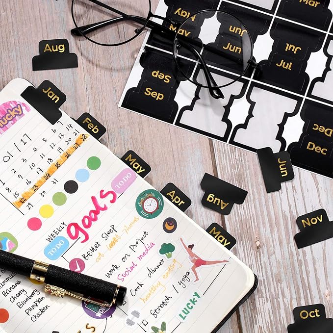 72 Pieces Adhesive Monthly Planner Tabs Monthly Index Stickers Decorative Label Calendar Stickers for Office Study Planner Journal Notebook Back to School Accessories(Black)