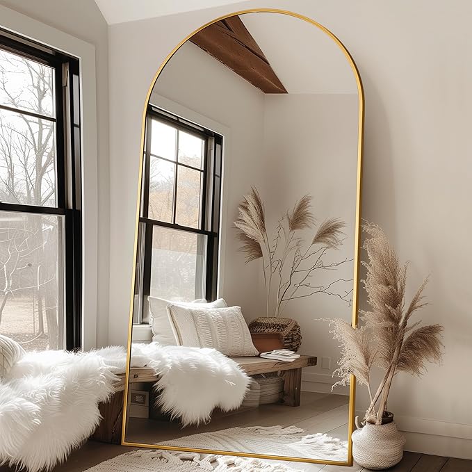 Antok Full Length Mirror, 91"x46" Oversized Floor Mirror Freestanding, Full Body Floor Standing Mirror with Stand, Hanging Mounted for Living Room Cloakroom,Gold,Arched Style