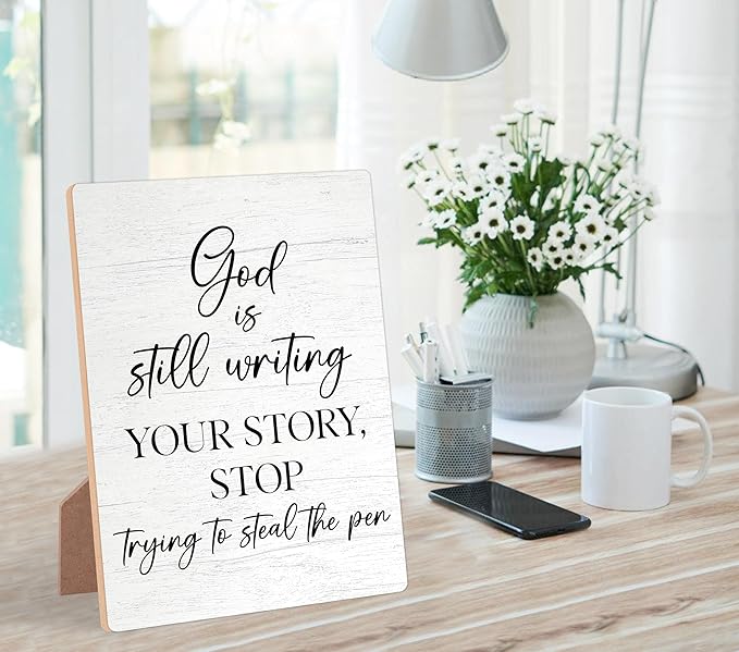 God Is Still Writing Your Story Wooden Sign with Stand, Bible Verses Decor, Christian Home Decor, Desk Signs for Office, Christian Gifts, Coworker Gifts, Encouragement Gifts for Women Men Friend,6