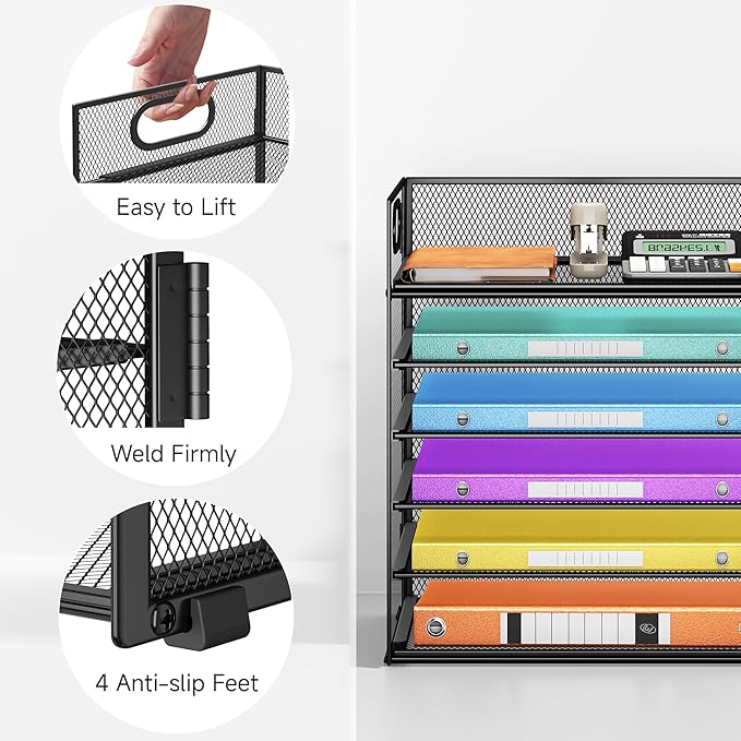 6 Tray Paper Organizer Letter Tray with Handle - Mesh Desk File Organizer, Paper Sorter Organizer for Office, Home or School File Folder Holder -Black