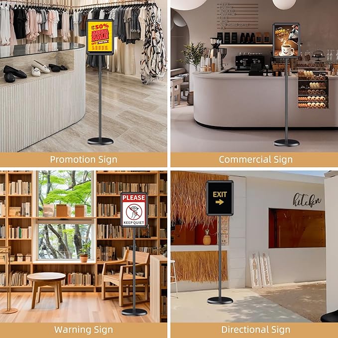 Sign Holder Stand 8.5x11 inch, Adjustable Floor Sign Stand for Display with Snap-Open Frame, Portable Standing Sign Holder for Business Retail Events, Black