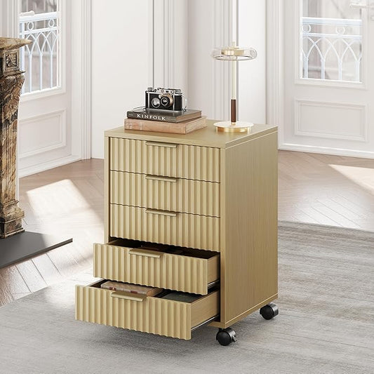 5 Drawer Chest, Under Desk Storage Wood Drawers with Wheels,Fluted File Cabinet for Home Office, Light Walnut
