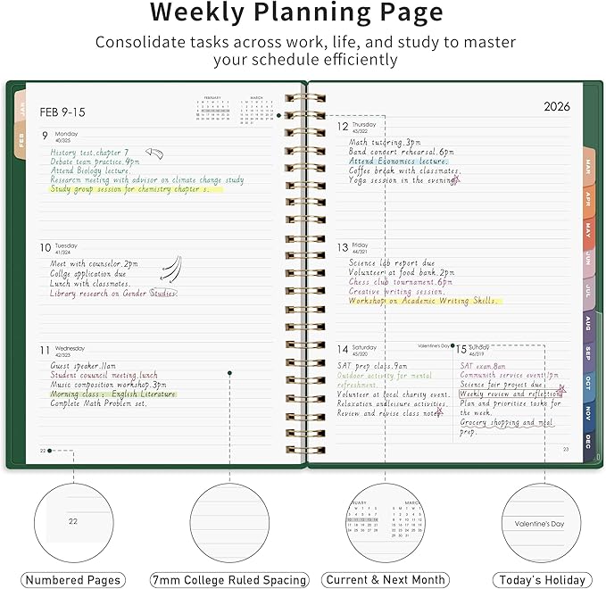 RETTACY 2026 Planner, Weekly and Monthly, Large Size (8.5" x 11"), Jan - Dec 2026, Agenda, Calendar, 12 Month Tabs, Flexible Plastic Cover, 100 GSM Thick Paper, Spiral-bound (Dark Green)