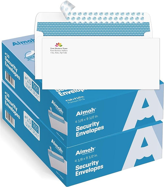 Aimoh 1000#10 Custom Printed Security Tinted Self-Seal Envelopes - Personalized with Logo and Address/Return Address Imprinted -Size 4-1/8 X 9-1/2" -White -24 LB -1000 Count (74001)