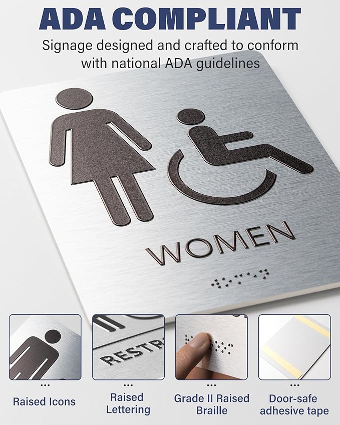 ADA-Mark Modern Restroom Sign for Business - ADA Compliant Braille Bathroom Sign with Easy Installation - 6" W x 8" H