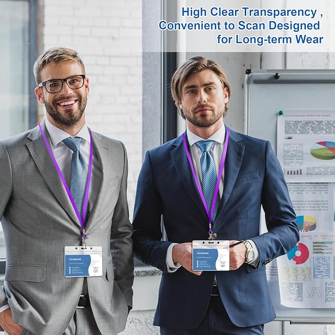 100 Pack Lanyards for ID Badges with Clear Name Tags, Reusable Lanyards Horizontal ID Card Badge Holders Plastic Name Badges for Men Women Kids Business School and Office Supplies (Purple)