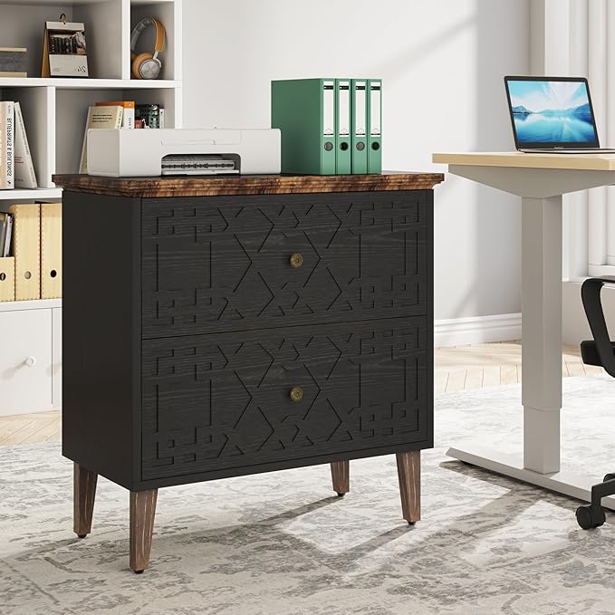 LITTLE TREE 2-Drawer File Cabinet, Lateral Filing Cabinet for A4/Letter/Legal Size, Office Storage Cabinet, Printer Stand with Storage Drawer for Home Office, Black