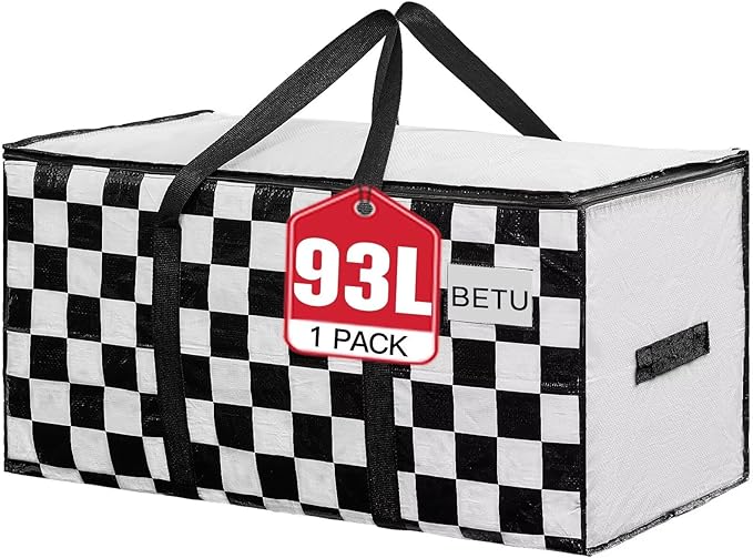 Extra Large Moving Bags Heavy Duty Storage Bags with Zipper Handles, BETU 1 Pack Clothes Storage Totes Bins Packing Moving Boxes, Moving Supplies for College Dorm Essentials, Space Saving,White Plaid