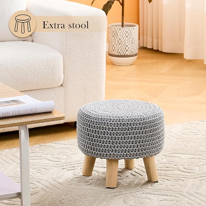Boho Ottoman Foot Stool Cotton Knitted Round Pouf Ottoman Foot Rest Stool with Non-Skid Wooden Legs Step Stool Padded Seat for Living Room Gray