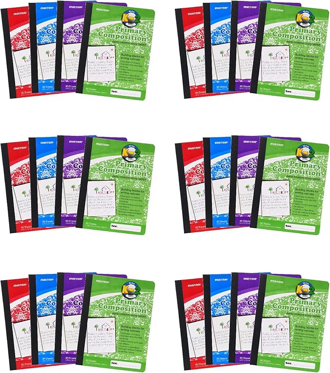 Mintra Primary Composition Notebook, 24 units 6-4 Pack, Assorted Colors, 80 Sheets, 7.5in x 9.75in, 1/2 Sheet, Ruled with Drawing Area, Flexible Hardcover Journal, Grades K-2, School & Home Use
