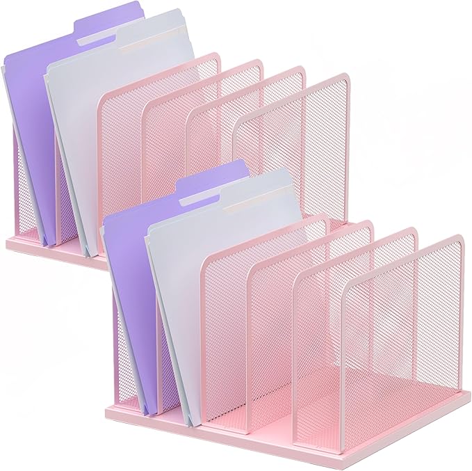 Kuntine.B Desk File Organizer Upright Mesh Desktop Organizer File Sorter Office Organization File Holder for Home, Office & Classroom (Pink, 2 Pack 5-Section)