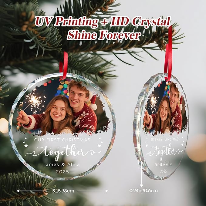 Personalized Our First Christmas Ornaments 2025 with Photo, Custom First Christmas Married Ornament, 1st Xmas Ornament for Together, Engaged, As Mr Mrs, Personalized Xmas Gifts Couple (3.15”)