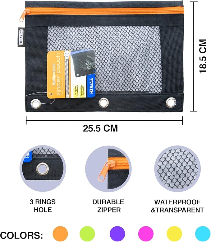 BAZIC Pencil Pouch 3 Ring Binder Pouch w/Rivet Enforced Rings Holes, Neon Black Color Mesh Window Zipper Pouches, 6-Pack