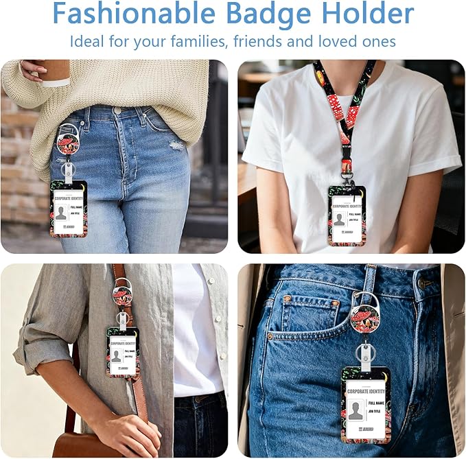 Mushroom Lanyards with Id Holder, Butterfly Moon ID Badge Holder with Retractable Lanyard, ID Holder with Badge Reel Clips, Name Tag ID Card Holder Teacher Women Doctor Office Gift