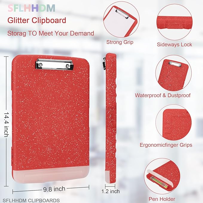 Glitter Clipboard with Storage,Storage Clipboard with Pen Holder,A4 Binder Clip Boards 8.5x11 with Low Profile Clip,Side Opening Sparkle Clipboards, Clipboards Folder for Office Supplies-Red