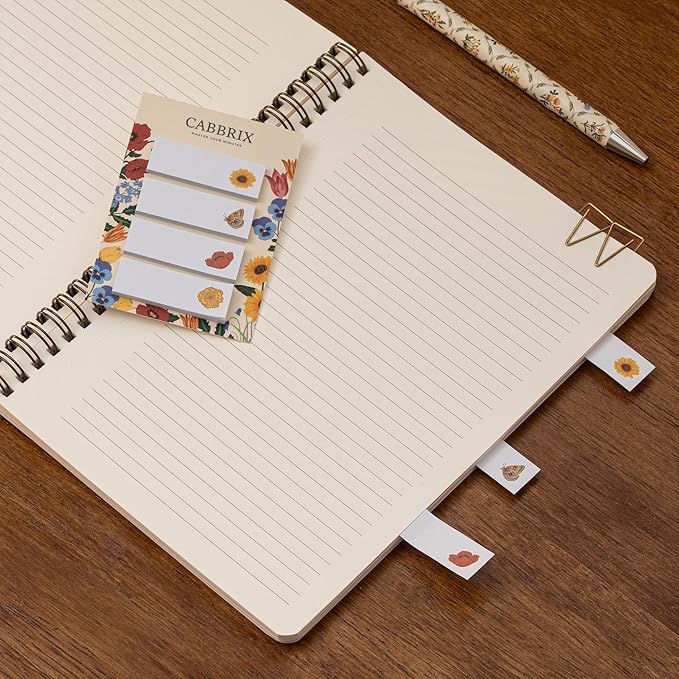 Cabbrix Spiral Notebook, 160 Ruled Pages 8.5" x 6.25" Journal, Inner Storage Pocket Folders with Customized Sticky Notes, Double-Spiral Binding, Cloth Patterned Special Paper Front & Back Cover (Poppy)