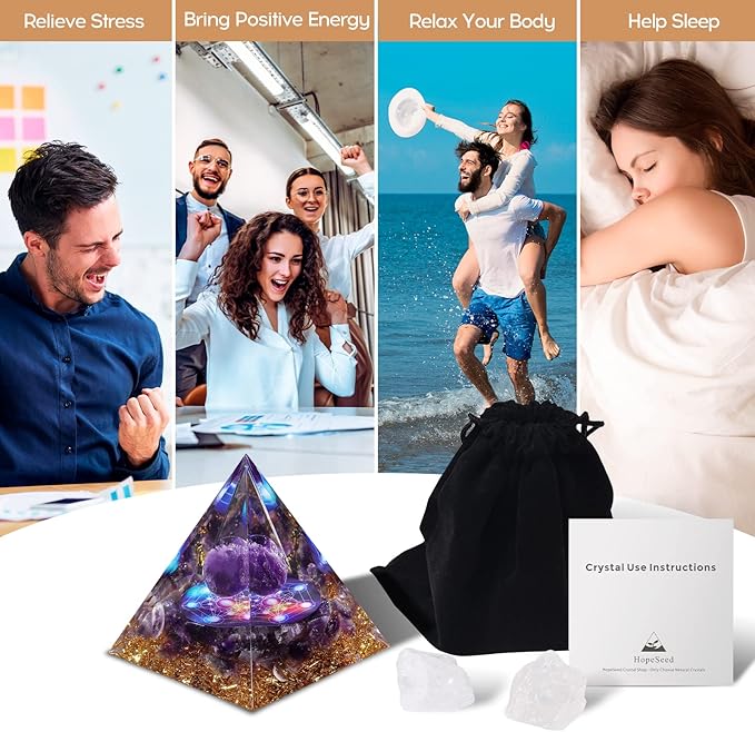 Hopeseed Orgone Pyramid for Positive Energy, Orgonite Amethyst Healing Crystal Pyramids for Reduce Stress Chakra Reiki Healing Meditation Attracts Lucky and Success