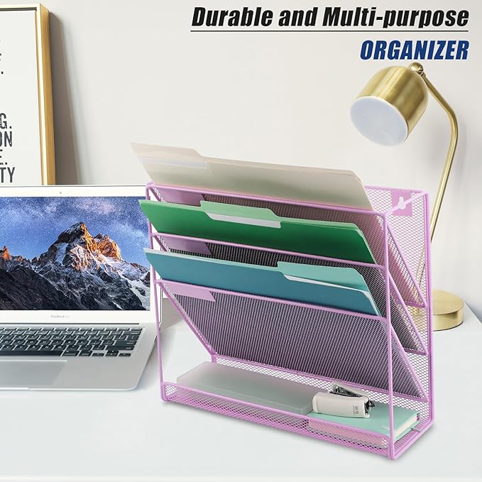 EASEPRES Desk File Organizer Mesh 4-Tier, Hanging Wall Mount Document Organization Stand, Desktop Vertical Mail Paper Folder Holder Rack with Bottom Tray for Office Home Cubicle, Light Purple