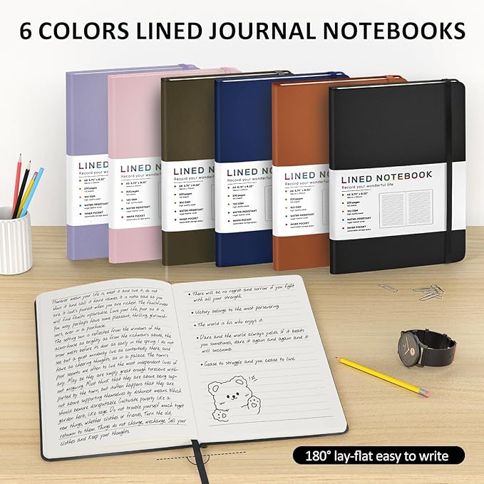 Lined Journal Notebook for Women Men, 200 Pages A5 Hardcover Leather Journals for Writing,Travel,School,Office,Work,Business,College Ruled Notebooks for Note Taking, Diary Notepad 5.7"×8.3"(Black)