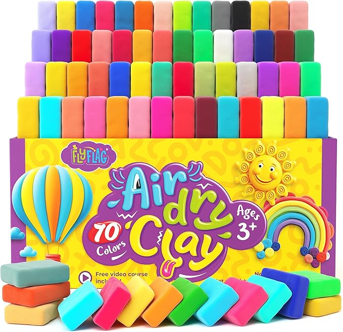 FlyFlag Air Dry Clay - 70 Colors, Ultra Light and Soft, Non-Toxic Modeling Clay for Kids with Tools and Tutorials, for Creative Play and Learning