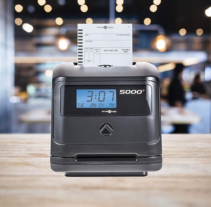 Pyramid Time Systems - Model 5000 Auto Totaling Time Clock, Employee in/Out Time Tracker for Small Business, Includes: 25 Time Cards,1 Ink Ribbon Cartridge, 2 Security Keys and User Guide - Black