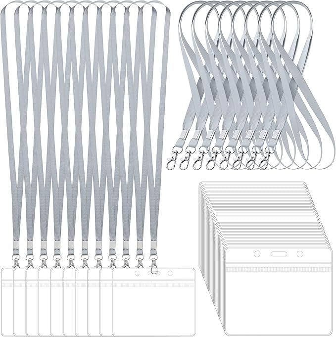 100 Pack Lanyards for ID Badges with Clear Name Tags, Reusable Lanyards Horizontal ID Card Badge Holders Plastic Name Badges for Men Women Kids Business School and Office Supplies (Gray)