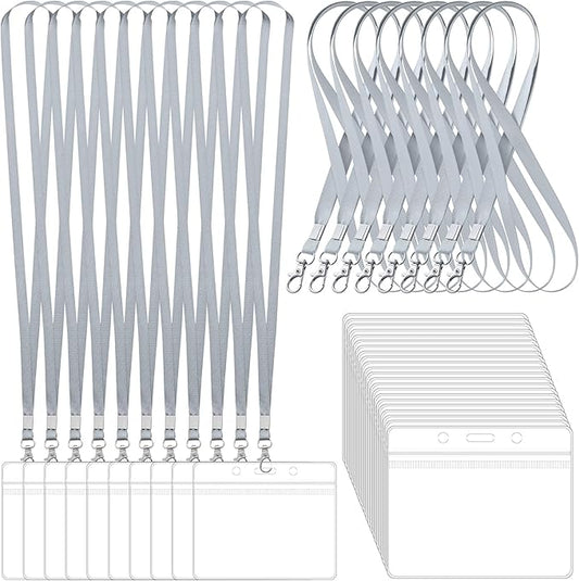 100 Pack Lanyards for ID Badges with Clear Name Tags, Reusable Lanyards Horizontal ID Card Badge Holders Plastic Name Badges for Men Women Kids Business School and Office Supplies (Gray)