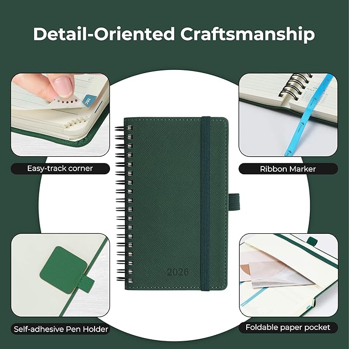 Planner 2026 Daily Weekly and Monthly,6.5"x3.75",12 Months Spiral Bound Calendar Agenda with Self-adhesive Pen Holder,2026 Appointment Book with Vegan Leather Soft Cover,Green