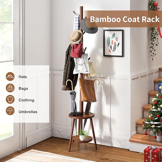 FILWH Freestanding Coat Rack with Umbrella Organizer Tray Bamboo Coat Tree Rack with 8 Hook Stand for Clothes Bag Hats Entryway Hanger Stand(Brown)